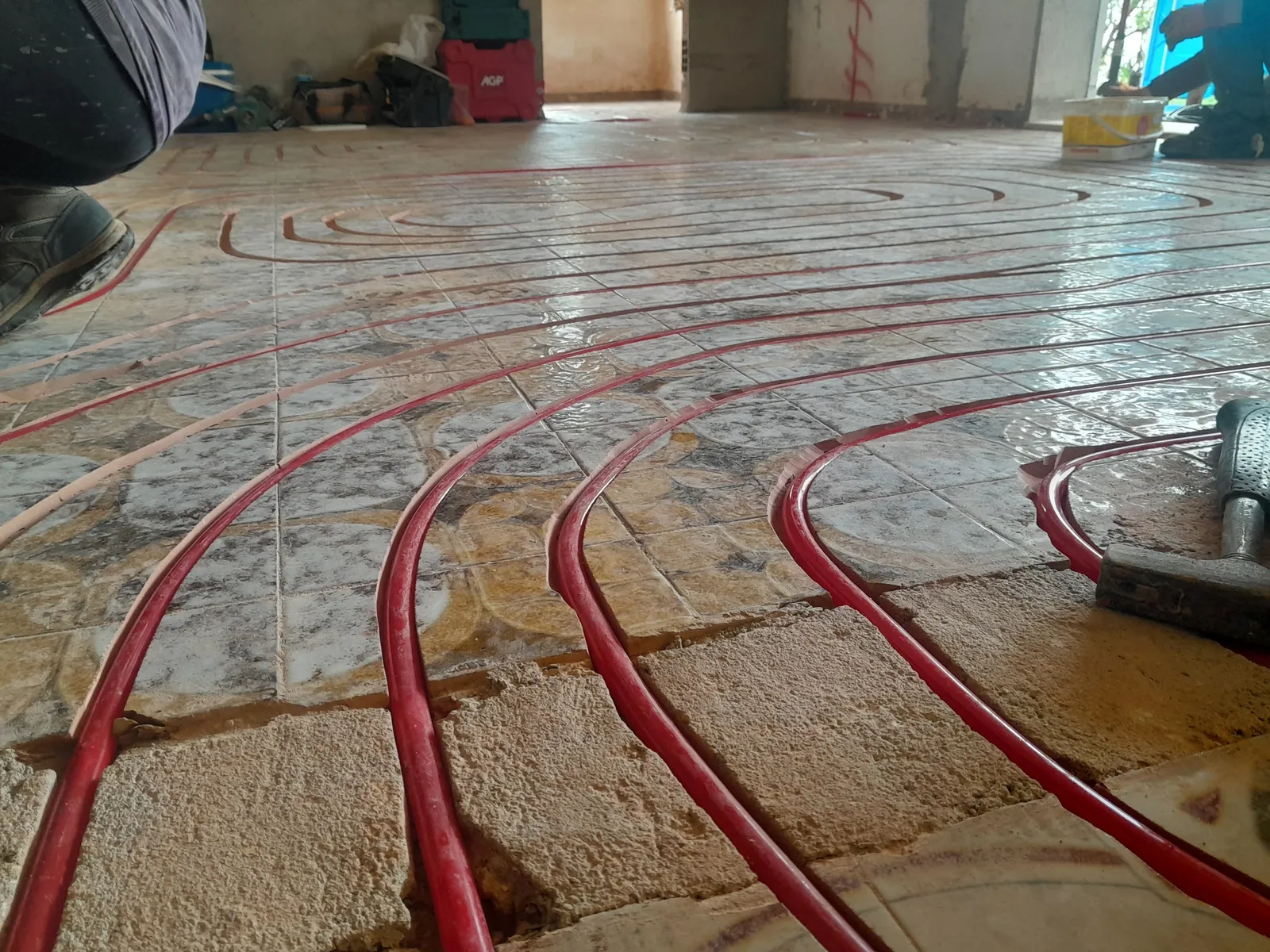 Milling machine cutting a channel into an existing floor, low angle